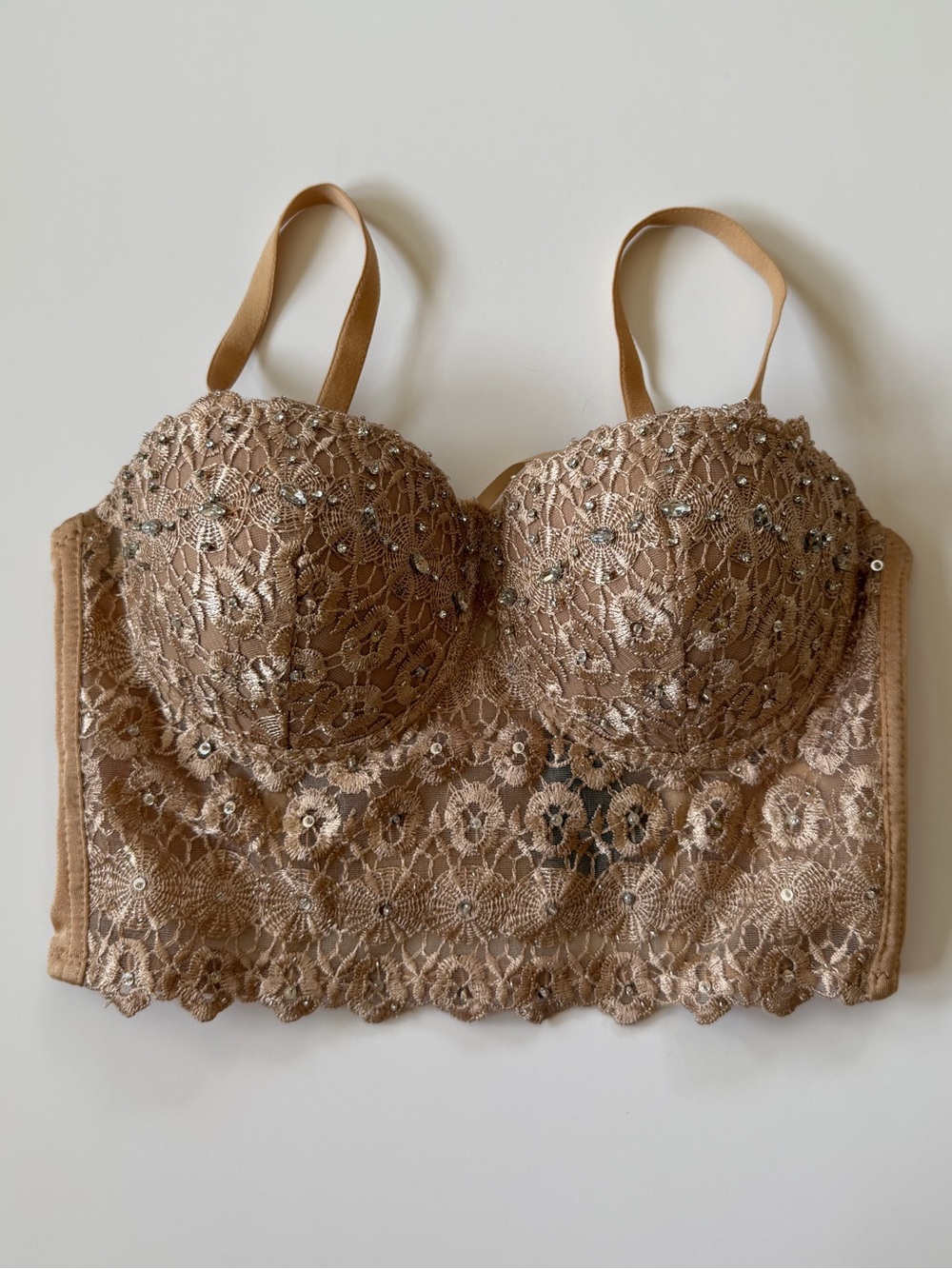 Windsor Tan Lace Longline Bustier Bra Sequin Embellished Corset Crop Top XS - Picture 2 of 13